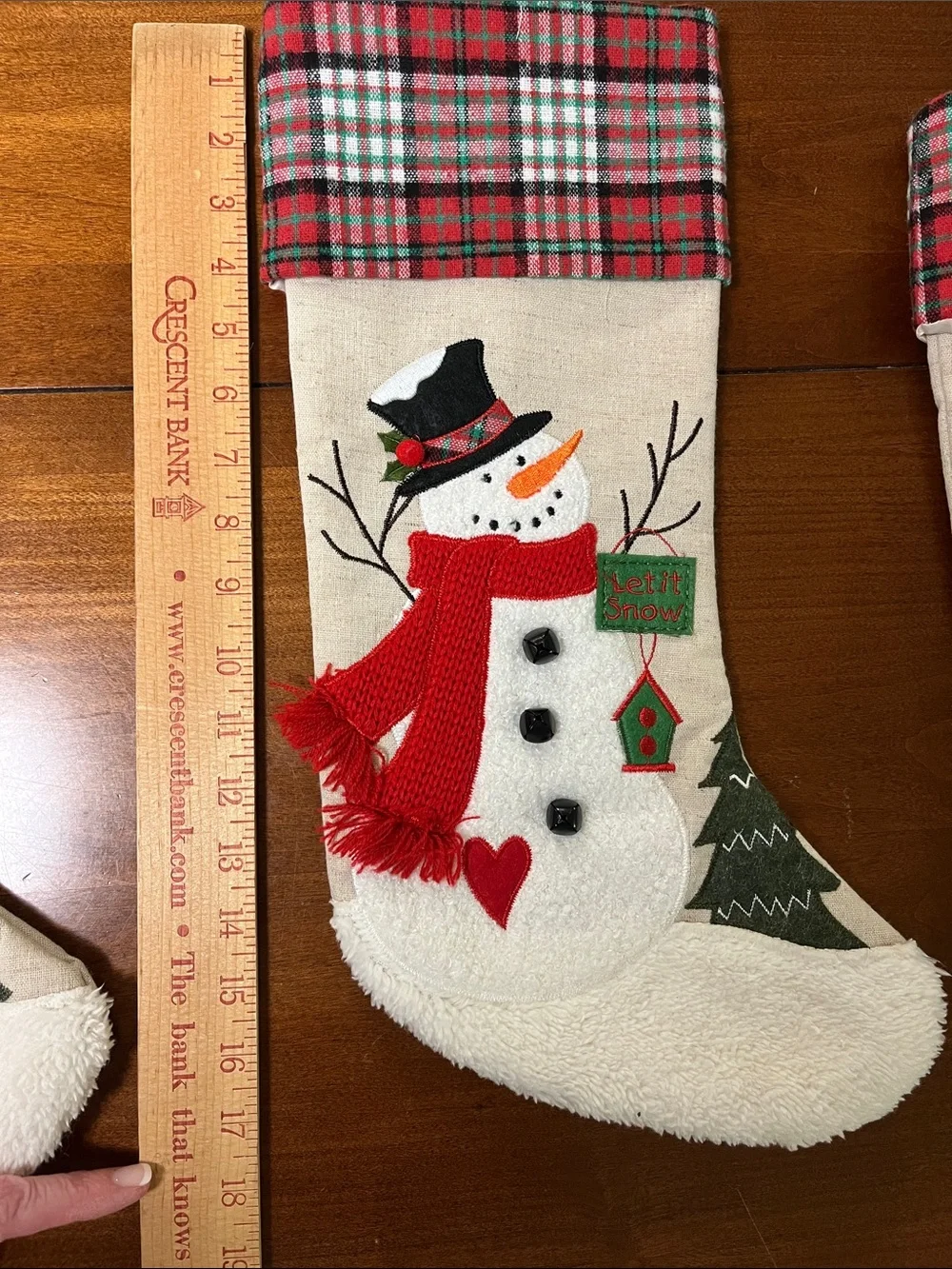 Plaid-Trim Holiday Stockings Set with Santa, Snowman & Reindeer - Cream and Red